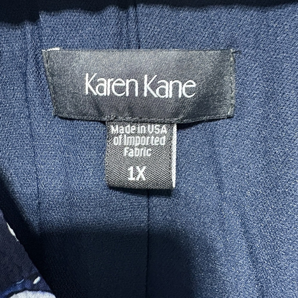Karen Kane Blouse Womens 1X Blue Black Floral Bubble Hem V Neck Crinkle Texture - Picture 8 of 9